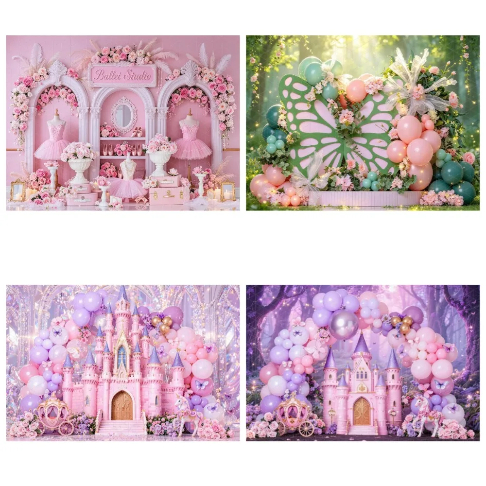 Pink Balloon Flower Castle Themed Banner Decoration Background, Children's Birthday Party, Home Decoration Photography Backdrop