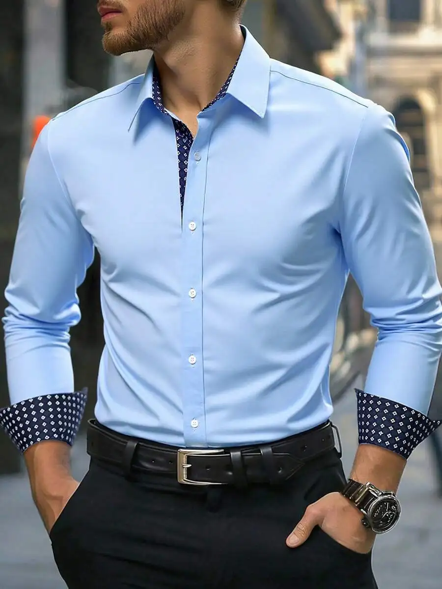 

Men's Light Blue Long Sleeve Button-Down Shirt with Contrast Print Cuffs and Placket