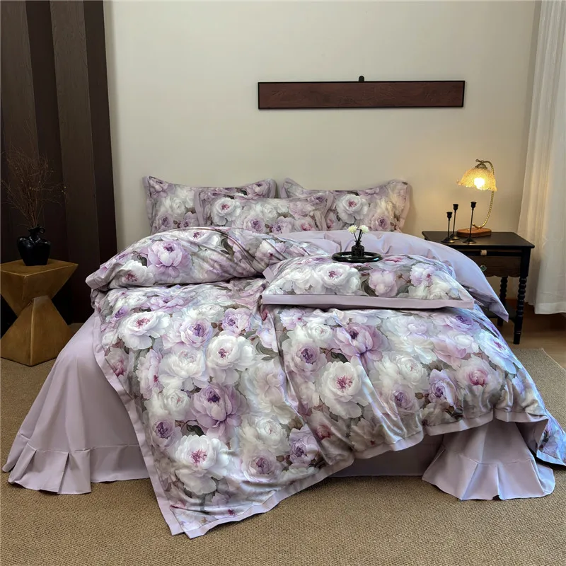 

Purple Flower Digital Printing Cotton Bedding Set, Duvet Cover, Linen Fitted Sheet, Pillowcases, Home Textile