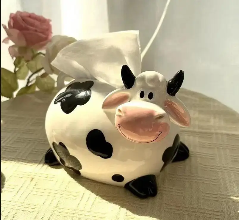 Cute Cow Tissue Box Animal Sculpture Ceramic Crafts Living Room Napkin Storage Container Nordic Home Decoration Art