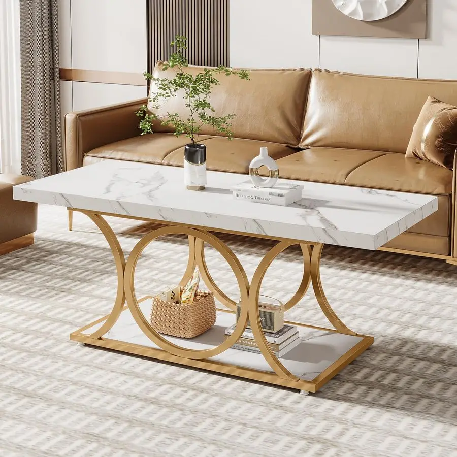 

Rectangle Coffee Table, 46.45inch Modern Coffee Tables for Living Room, 2Tier Faux Marble Wood Coffee Table with Geometric Legs