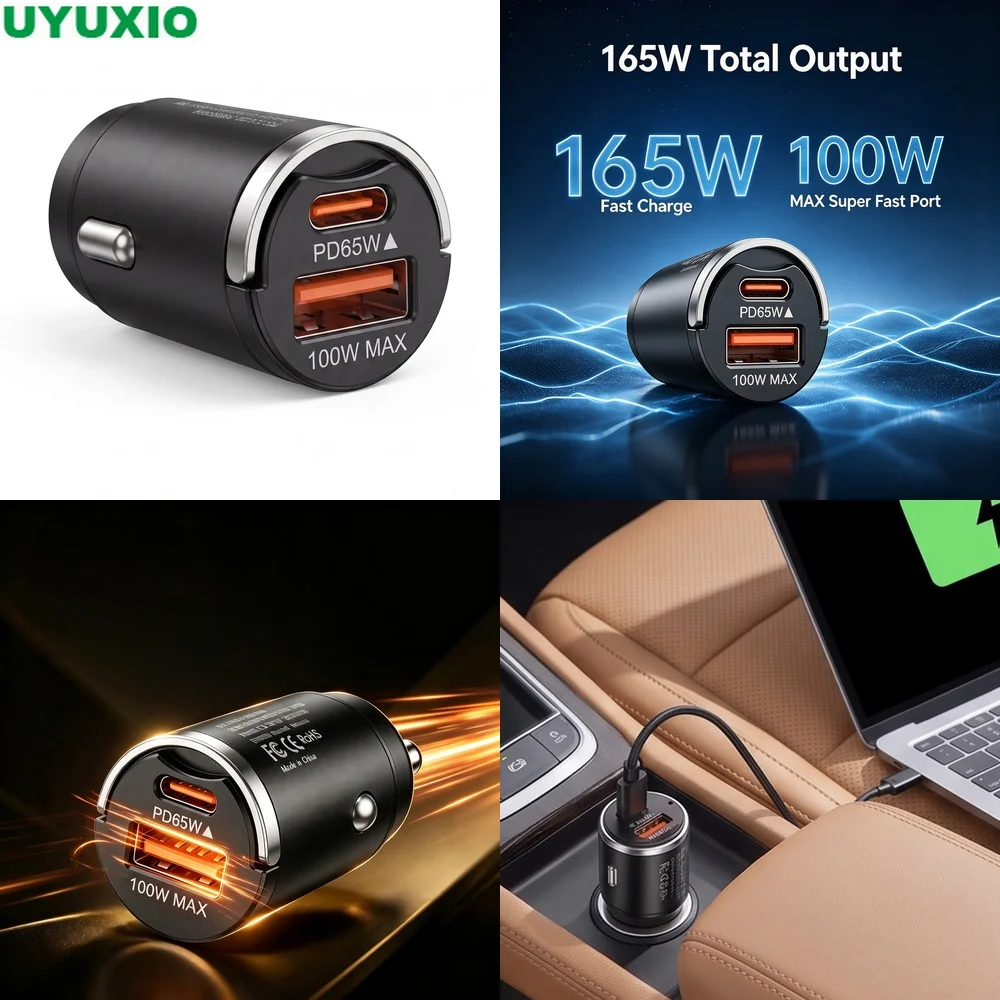 165W High Power Car Charger PD 65W Type C and 100W USB A Power Ultra Compact Flush Mount Design for Road Trips and Daily Driving