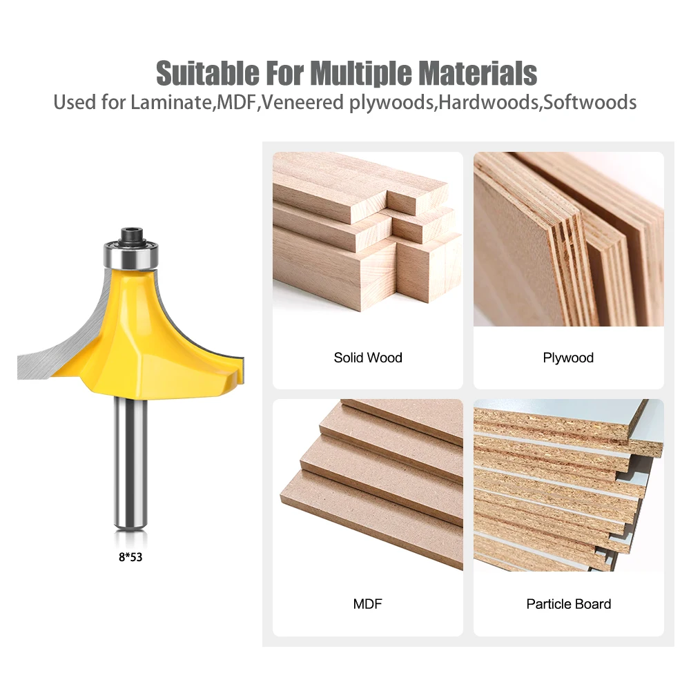 8mm Shank Corner Round Over Router Bit R15.9mm, 20.15mm, 25.2mm with Bearing Milling Cutter for Wood Woodworking Tool Tungsten