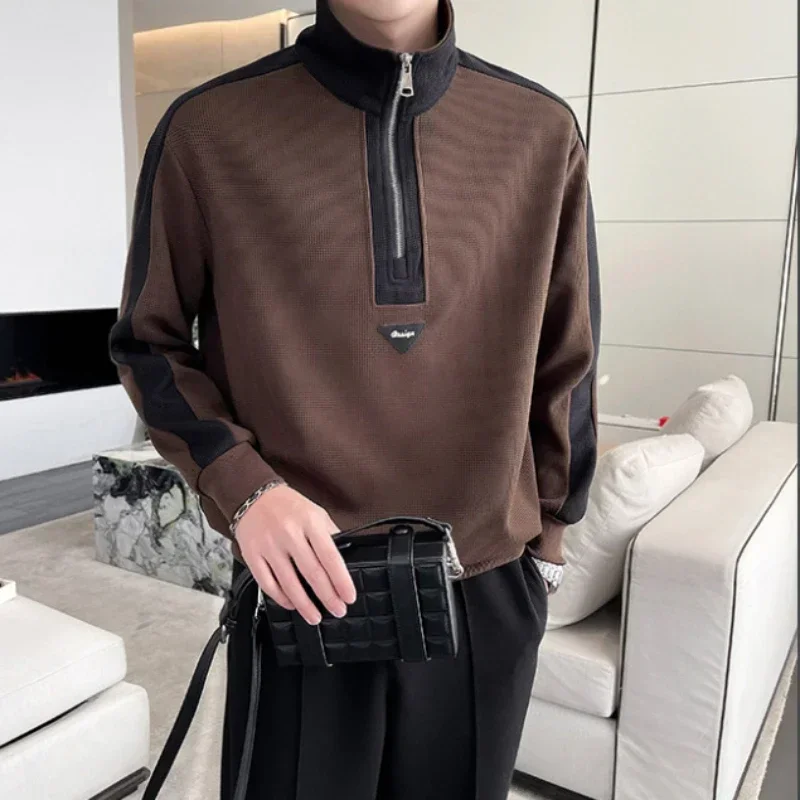 

Sweatshirts for Man Top T-shirt Hoodieless Men's Clothing Pullover Half Zip Spliced Waffle Korean Style Low Price Streetwear