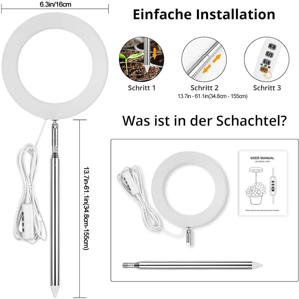 LED Grow Light Ring Full Spectrum Plug In Ground USB For Height Adjustable Indoor Balcony Greenhouse Grow Plant Light Grow Light