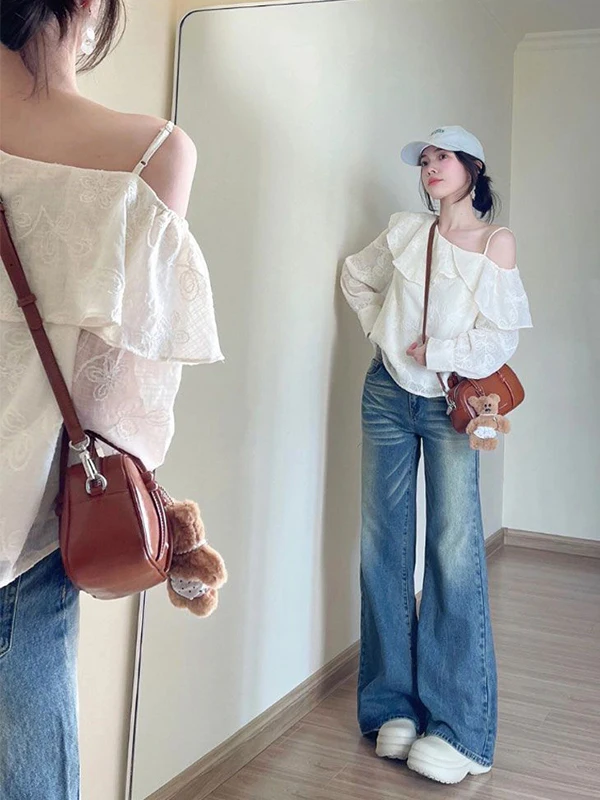 

plus Size 300 Pou Korean Sle Casual Versatile Embroidered oulder Bared Long Sve Women's Pure Desire Side oulder Top