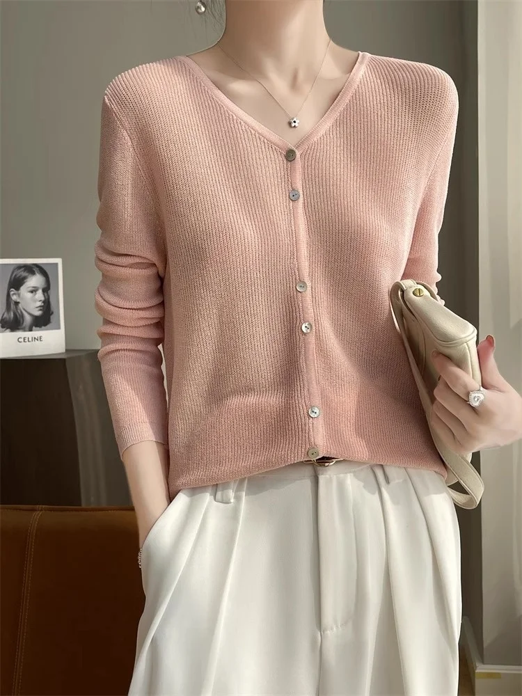

Linen Knitted Open Cardigan Women's Spring Air Conditioning Loose Outerwear ort Sun Protection Cover up Thin Sle