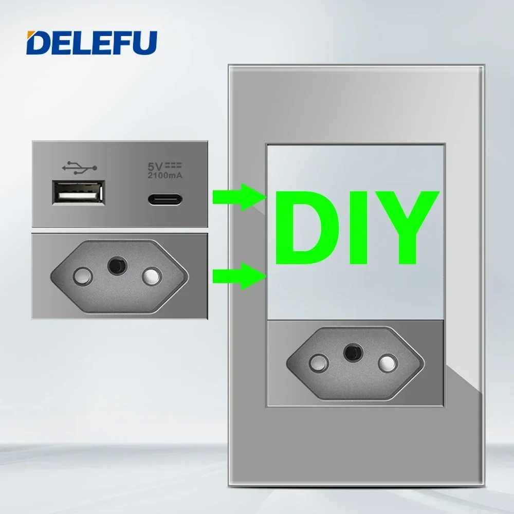 DELEFU Brazilian Italian US EU Standard Free Combination Function USB Type C Key DIY Switch Socket 118mm*72mm Gray