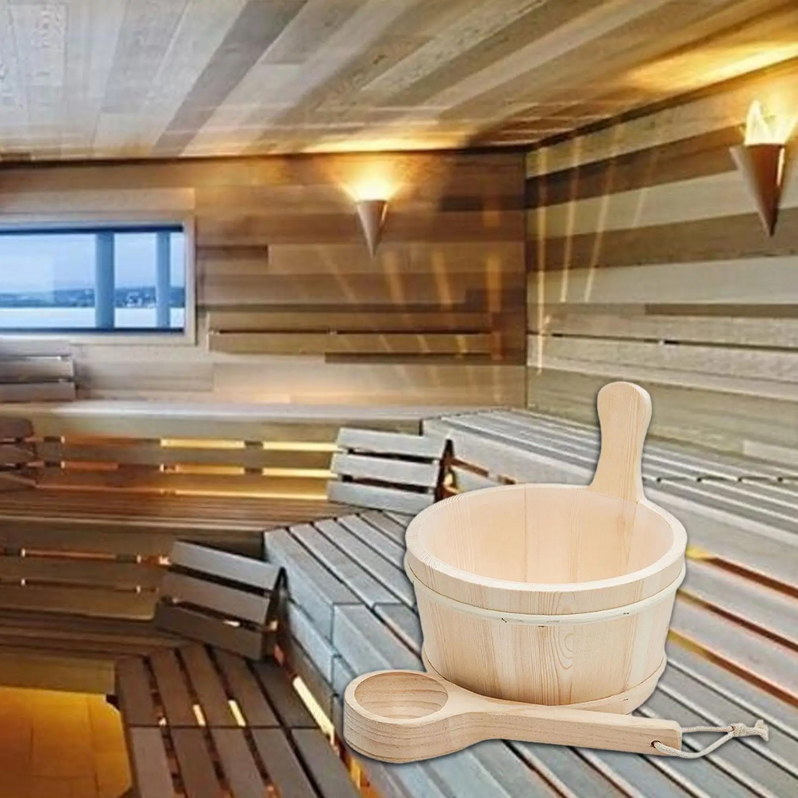 Sauna Wooden Bucket with Ladle Portable with Handle for Bathing Bathroom SPA