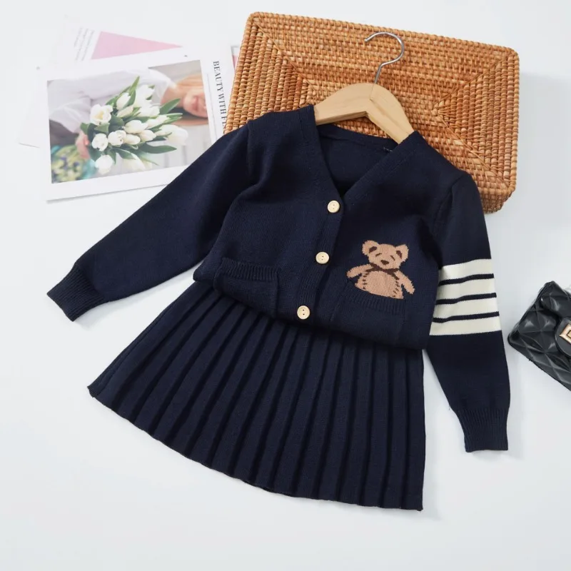 Autumn Winter Korean Baby Girl Clothes Dress Set Cartoon Knit Cardigan+Pleated Short Skirt 2Pcs Kid Toddler Suit Children Outfit