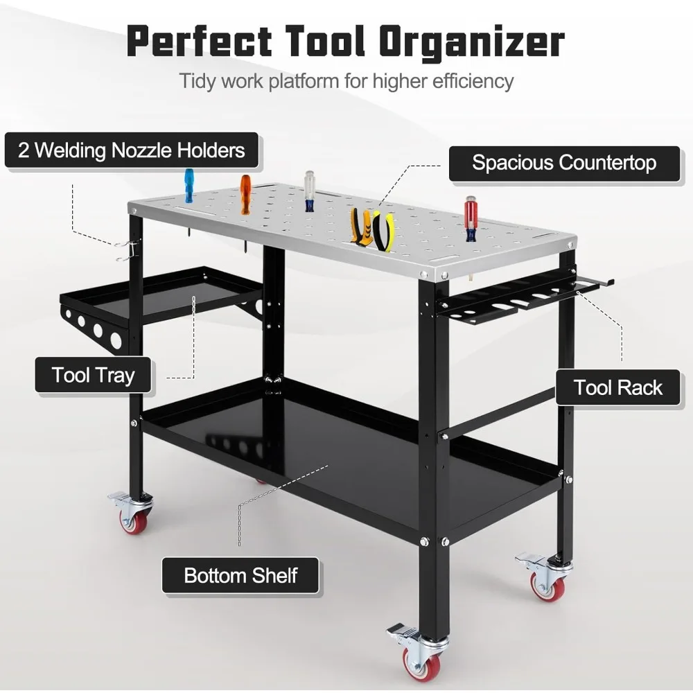 Rolling Welding Table, 1200 lbs Welding Workbench Table Top with 4 Lockable Wheels, Tool Rack & Tray, 5/8” Holes, 8 Tool Slots