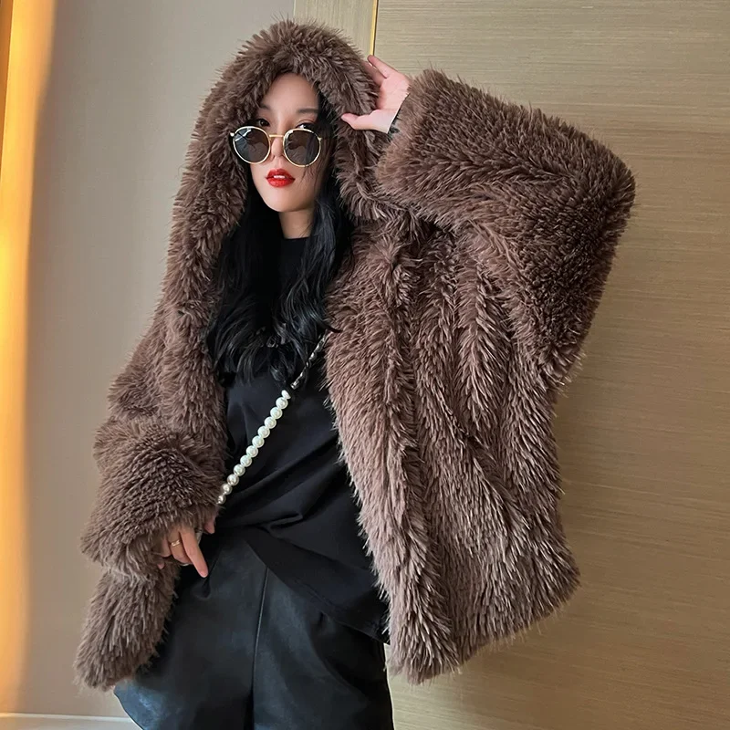 Open Stitch Fur Female Hooded Long Sleeve Faux Fur Solid Coat Cardigan Women Fashion Slim Fur Spliced Outerwear Basics 2024