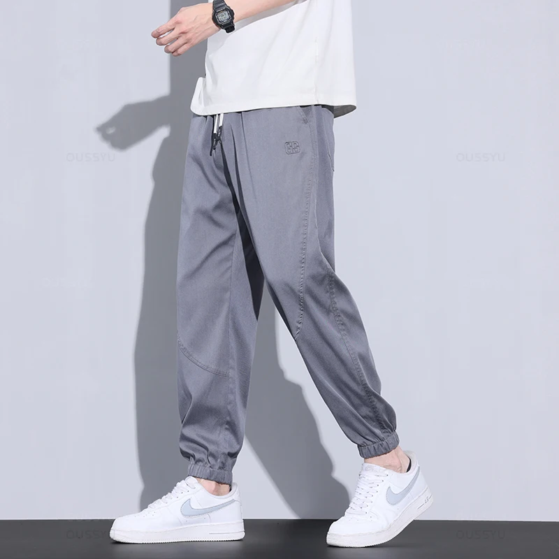 Brand Clothing Summer Soft Lyocell Fabric Men\'s Cargo Casual Pants Thin Jogger Korean Sweatpants Harem Trousers Male Plus Size