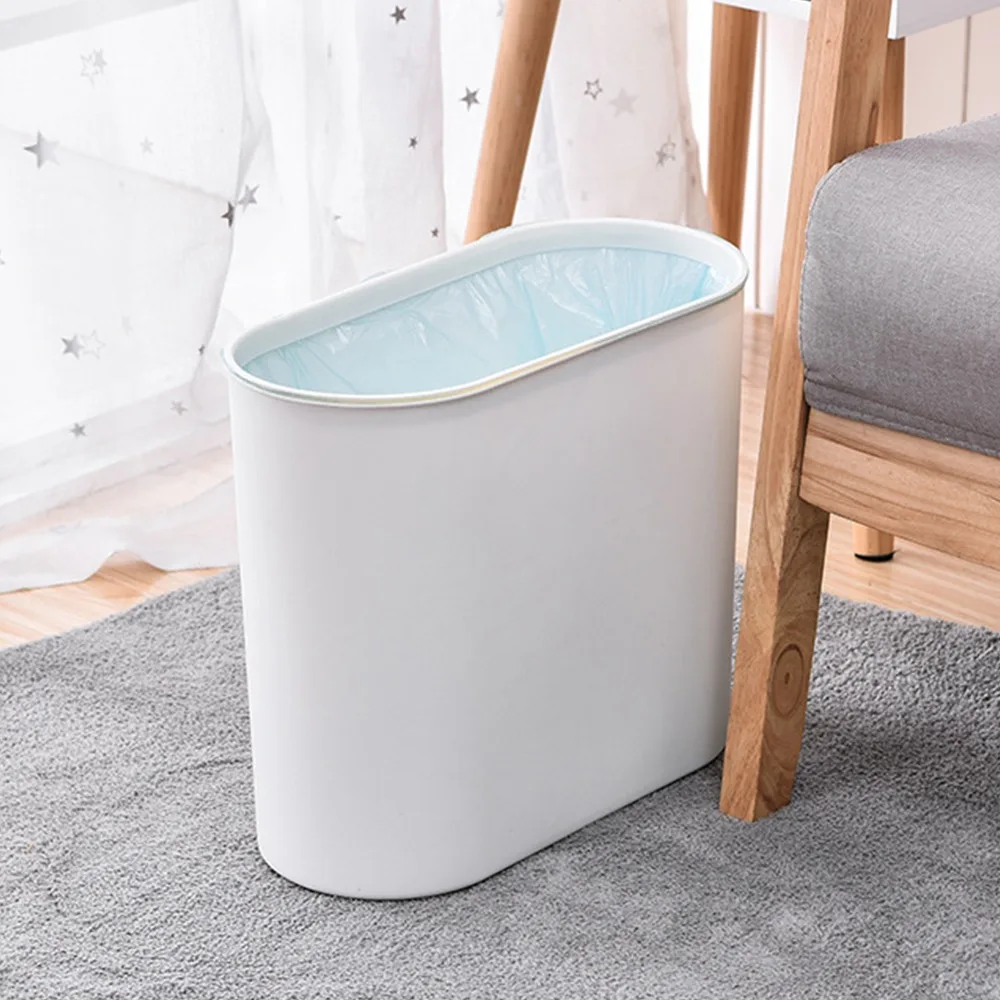 Modern Press Open Lid Narrow Garbage Can Cream White Rectangular Shape Slim Waste Bin Slim Profile Press Top Trash Can Bathroom