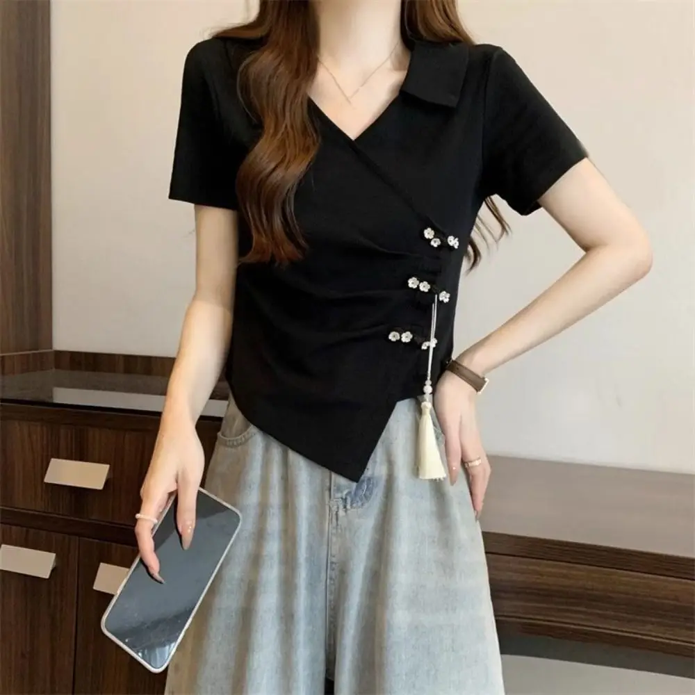 شرابة قلادة غير النظامية تي شيرت برقبة على شكل v زهرة زر التلبيب المرأة سليم المحاصيل القمم النمط الصيني الإناث الصيف القمم #5