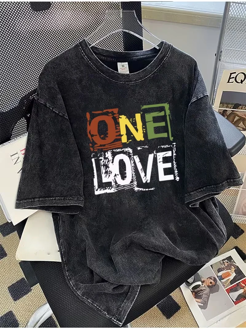 

Винтажная футболка унисекс с принтом One Love, повседневная, с коротким рукавом, круглым вырезом, в стиле ретро, оверсайз, для уличной моды