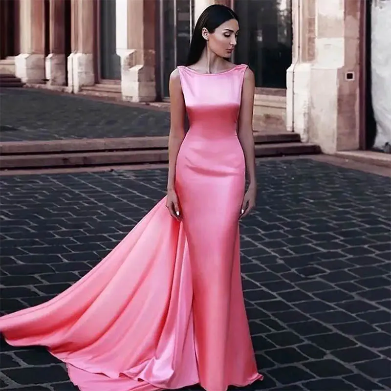 

Stylish Sexy Pink Mermaid Evening Dresses Women Draped Backless Sweep Train O-neck Sleeveless Formal Party Gowns