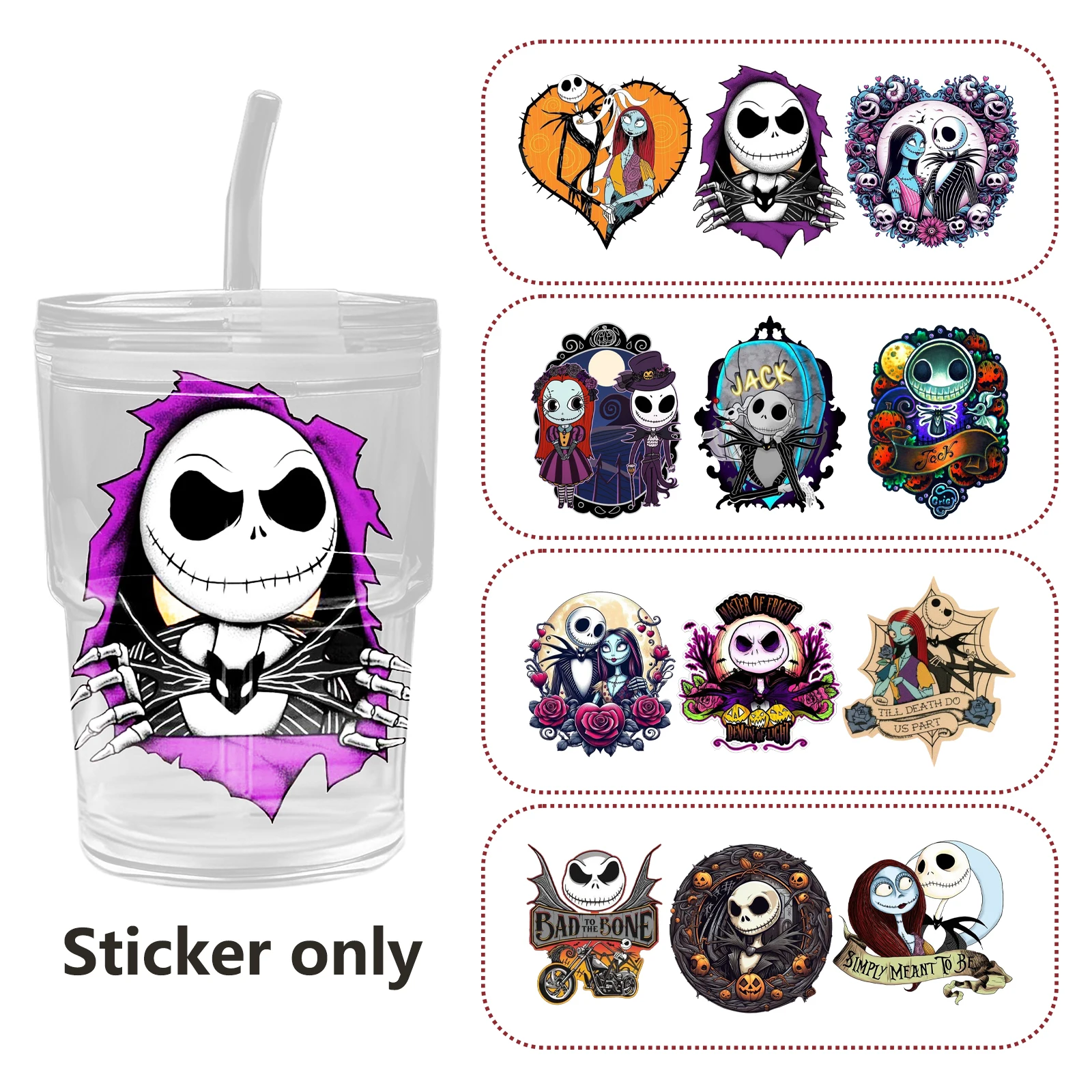 ديزني الكابوس قبل عيد الميلاد 16 أوقية الأشعة فوق البنفسجية DTF كأس يلتف زجاجة ملصق للزجاج Libbey يمكن زجاجة ذاتية اللصق مقاوم للماء