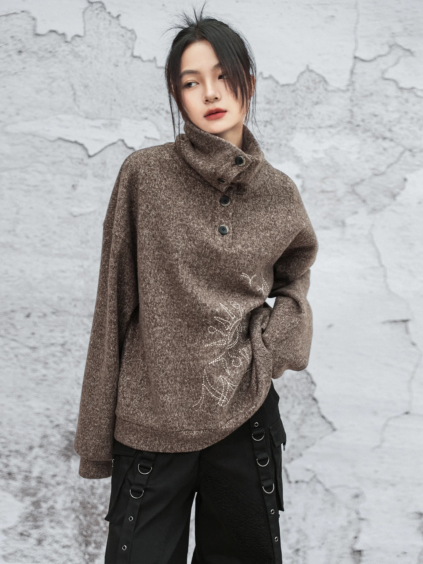 

Retro Fce Lined Knitted Sweater Women's Autumn Winter Embroidered Collar Multi Wear Casual Comfortable Loose Fit Knitwear