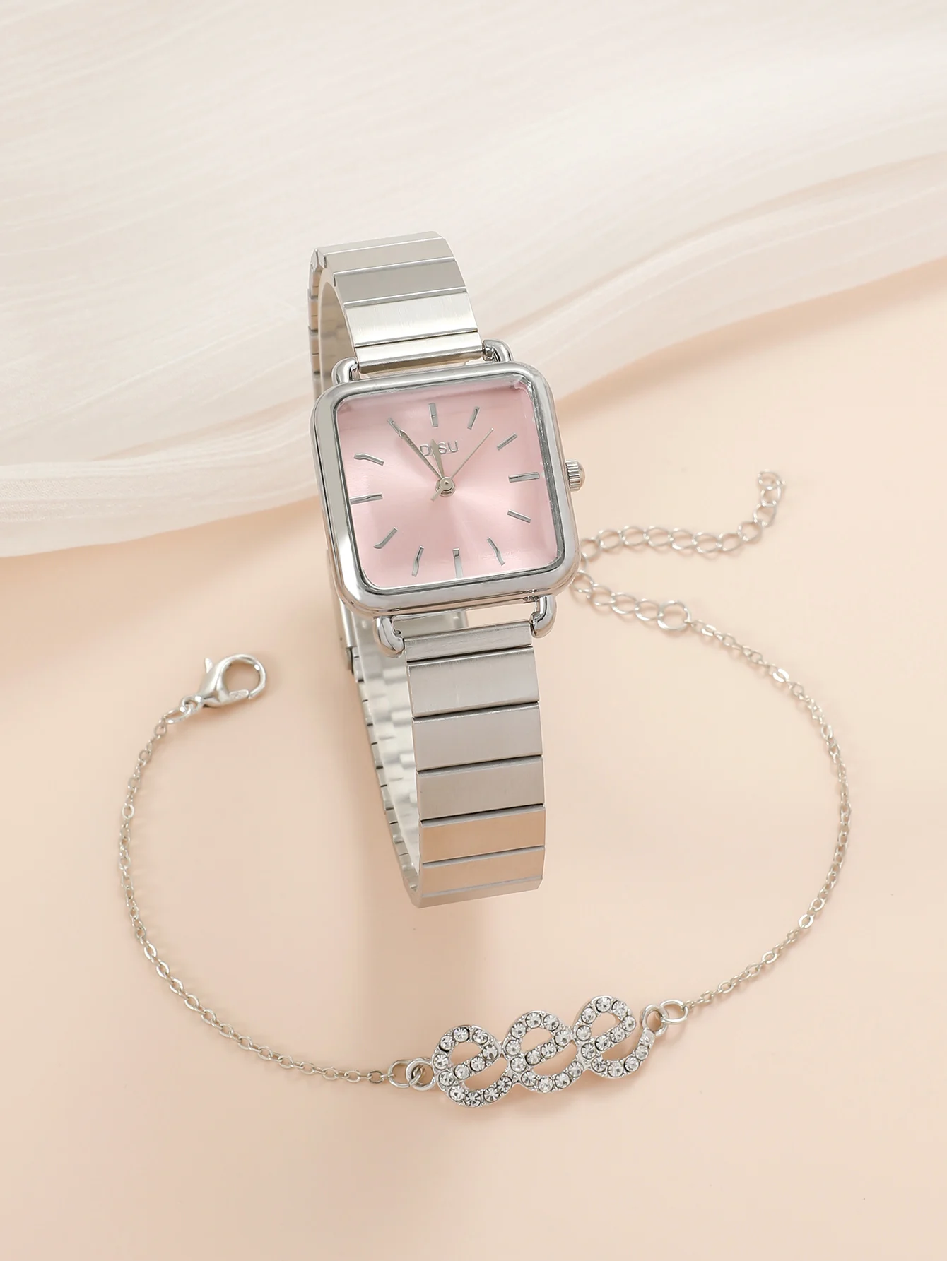 A Women\'s Pink Classic Fashion Small Square Stainless Steel Watch With Quartz Strap And A Rhinestone Bracelet