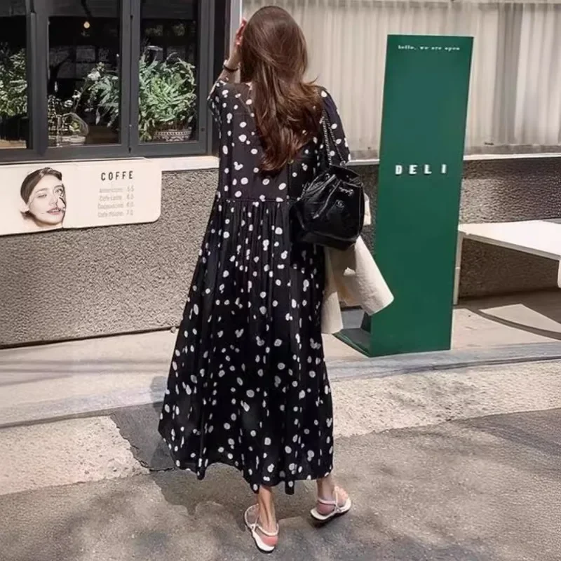 Summer Midi Dresses Women Vintage Loose Slouchy Polka-dot Design Korean Fashion Leisure High Street Daily Vestidos Popular Ins