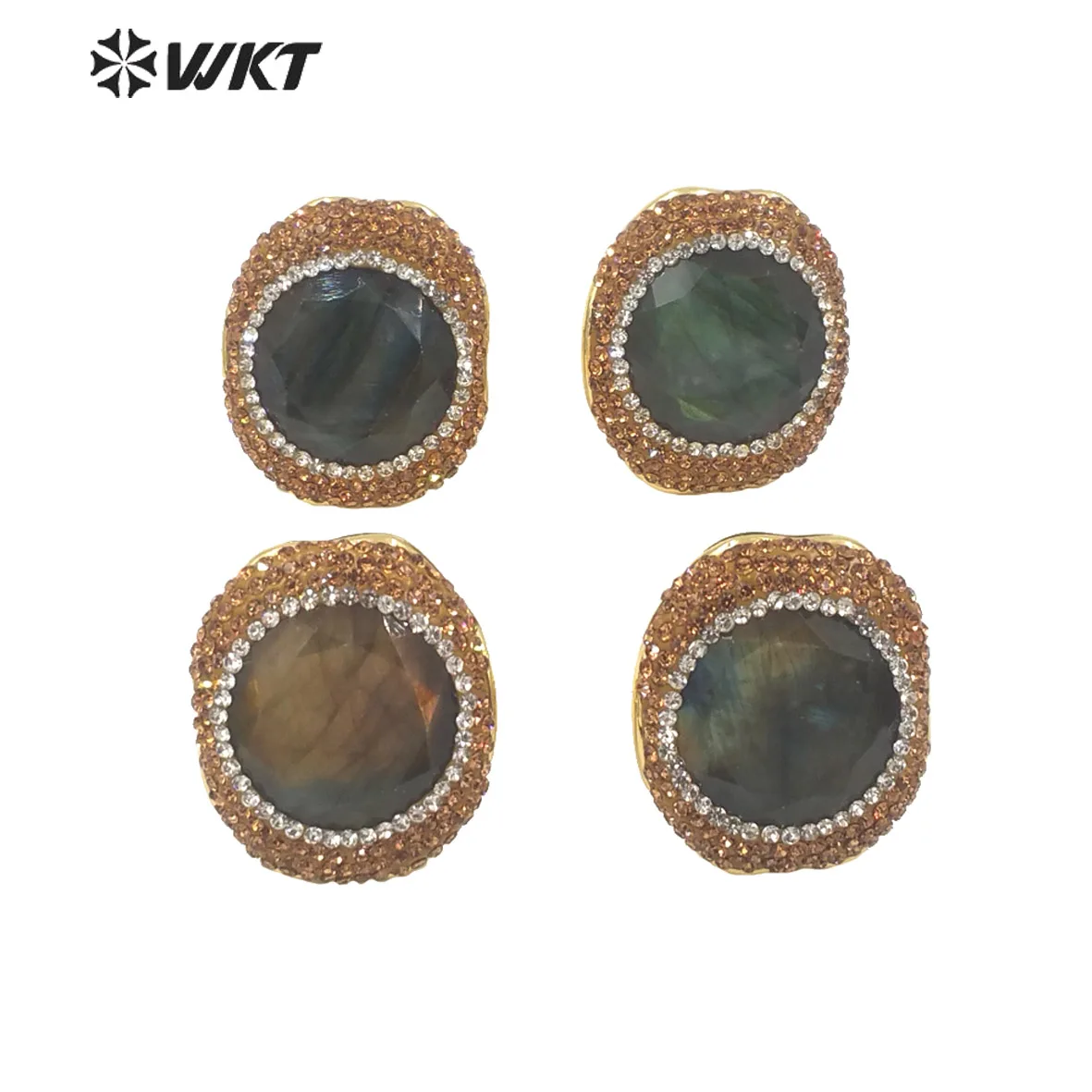 

WT-R499 WKT New Design Flashy Round Faceted High Quality 18K Gold Bezel Rhinestone Around Labradorite Stone Ring 10PCS