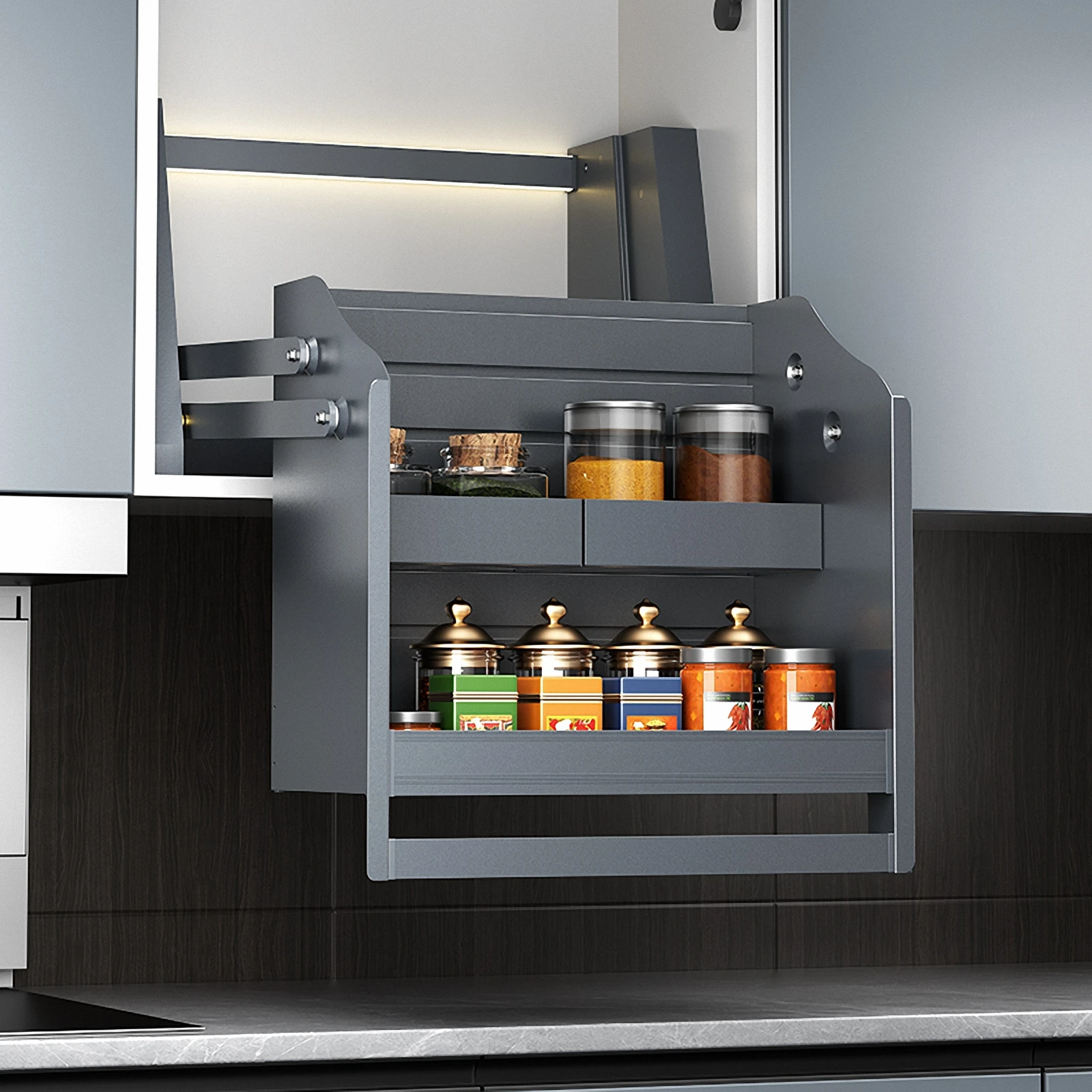 

Smart Pull Down Cabinet Organizer Electric Spice Rack Touch Control LED Anti-Collision Lift Upper Kitchen Pantry Storage Shelf