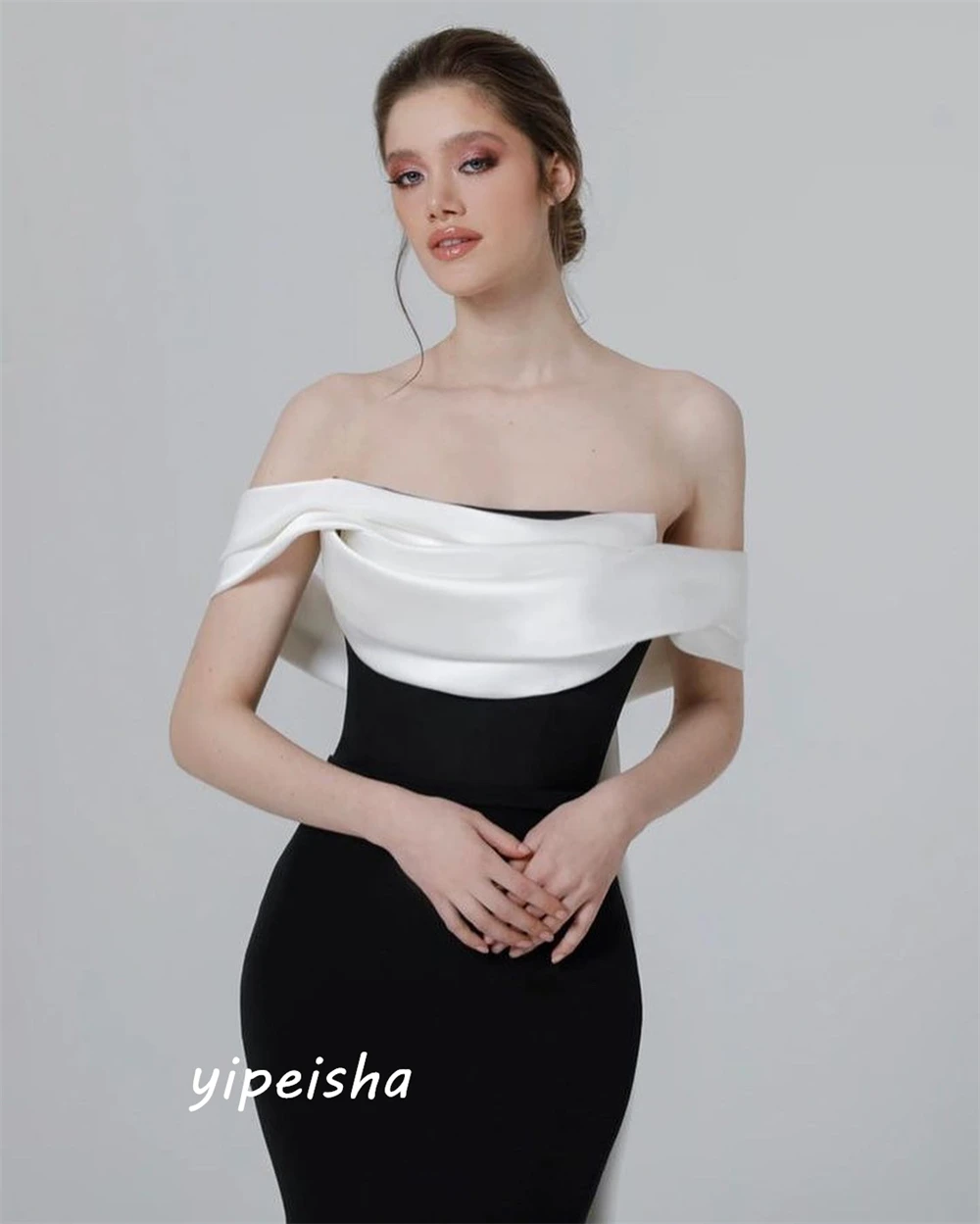 Simple Customized Off-the-shoulder Sheath Formal Ocassion Gown Draped Sweep/Brush Skirts Charmeuse Prom Dress فساتين سهره