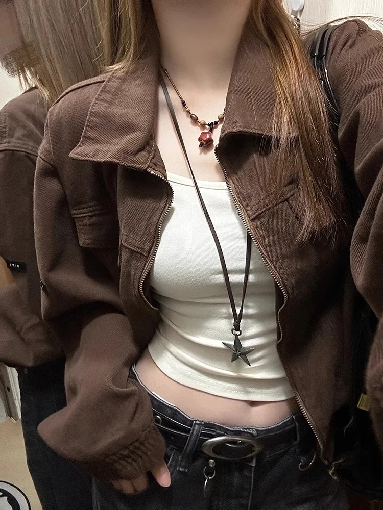 

Ретро американские кофейные джинсы Jaet, женские весенне-осенние свободные повседневные универсальные джинсы Jaet, модный воротник на молнии