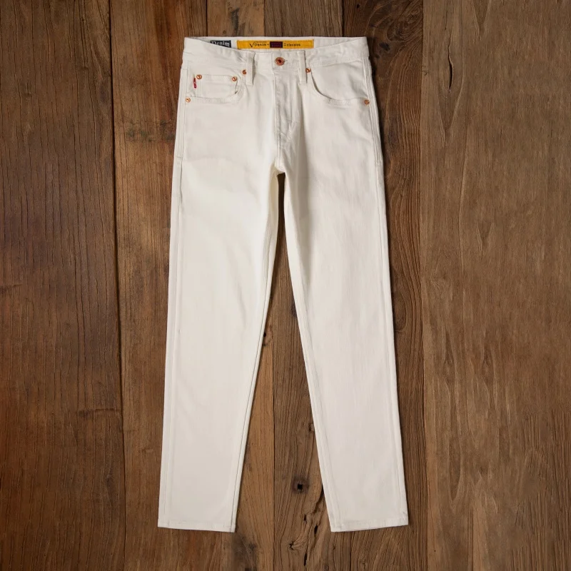 

High Quality Spring Summer 12oz Ivory White Denim Jeans for Men 97% Cotton Washed Stretch Slim Tapered Straight Pants 5KM