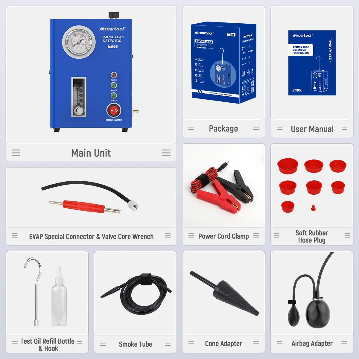 MR CARTOOL T105 سيارة آلة لصنع الدخان كاشف تسرب EVAP الأنابيب محلل تسرب المدمج في مضخة هواء PK AUTOOL SDT203 #6