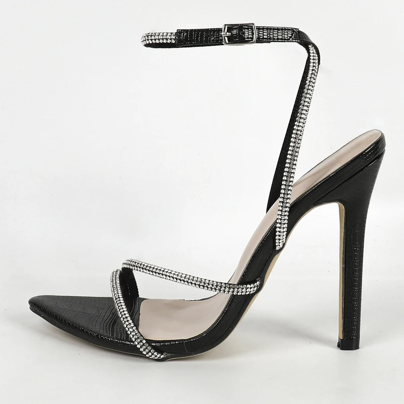 

Sexy Street Style Fashion Sandals Woman Rhinestone Pointed Open Toe Pumps Buckle Strap Strippers Party Wedding Thin Heels Shoes