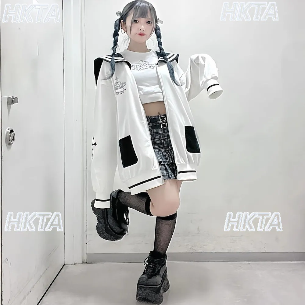 Subcultura japonesa universidad bordado cuello marinero manga larga Color contrastante sudaderas casuales sueltas chaqueta mujer abrigo largo