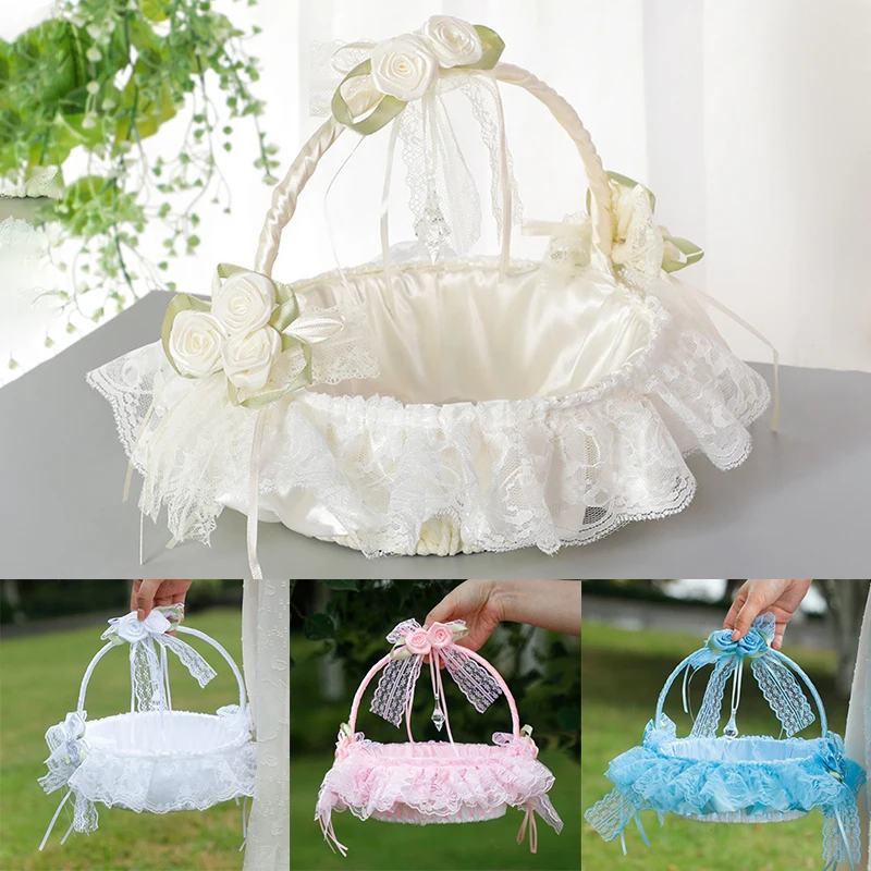 Wedding Flower Basket Bamboo Flower Basket Rhinestone Lace Basket Portable Small Flower Basket For Engagement Party Decoration