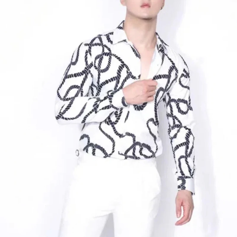 Spring Autumn New Fashion a Peaked Collar Long Sleeve Printing Blouse Men\'s Clothing Korean Button Trend All-match Chic Shirts