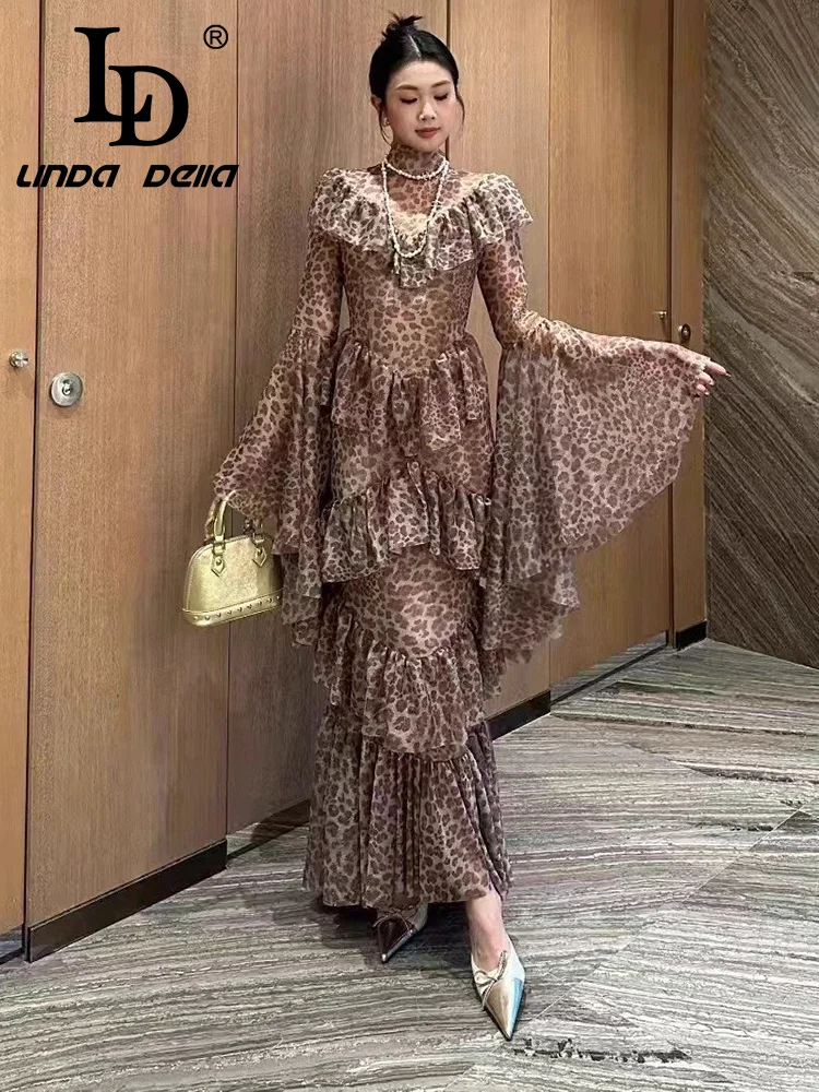 LD LINDA DELL Mangas trompete com estampa de leopardo e pregas em camadas, bordas de fungo preto, mangas compridas, vestido fashion slim fit