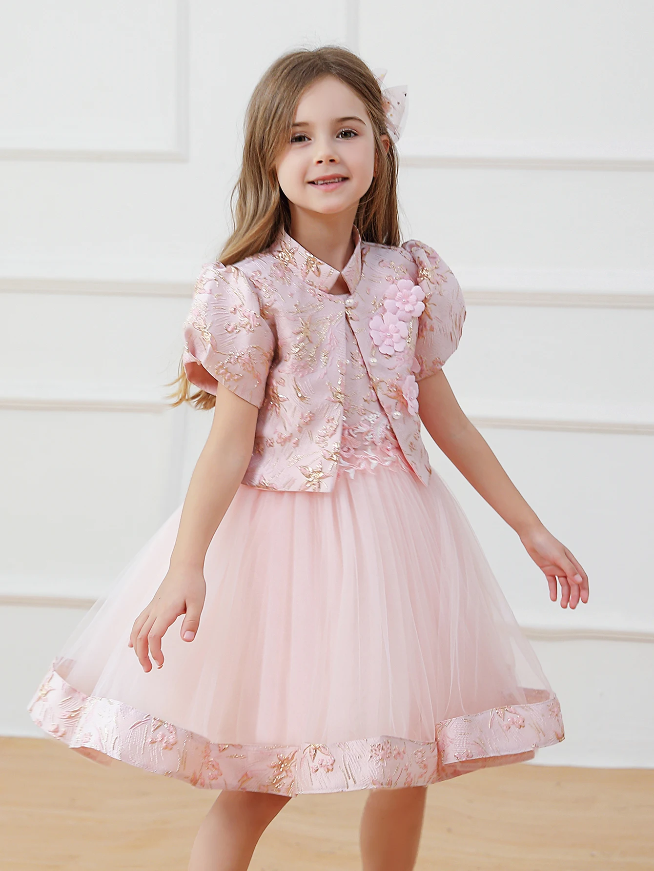 

High Quality Girls' Upscale Jacquard Dress Birthday Party Pink Gauze Dress Two Sets