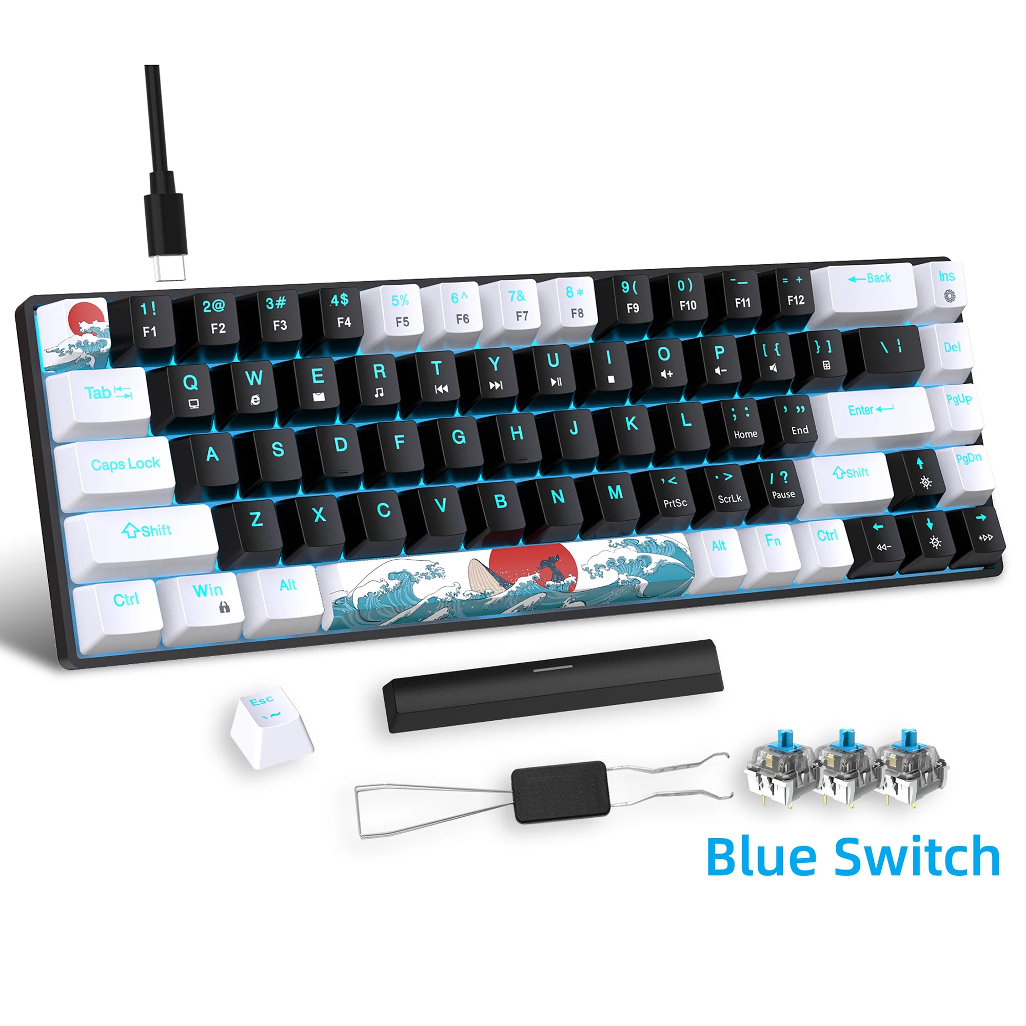 

Игровая клавиатура, проводная мини-клавиатура со светодиодной подсветкой Sea Blue, ультракомпактная механическая клавиатура с защитой от ореолов и неконфелем, 68 клавиш