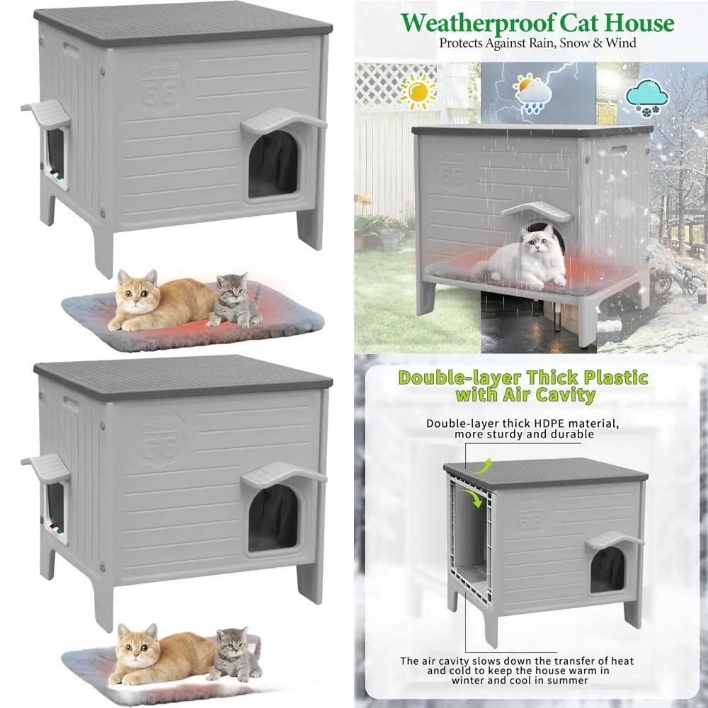 

Большой уличный домик для кошек с погодоустойчивым пластиковым покрытием, просторный, для нескольких кошек, серый