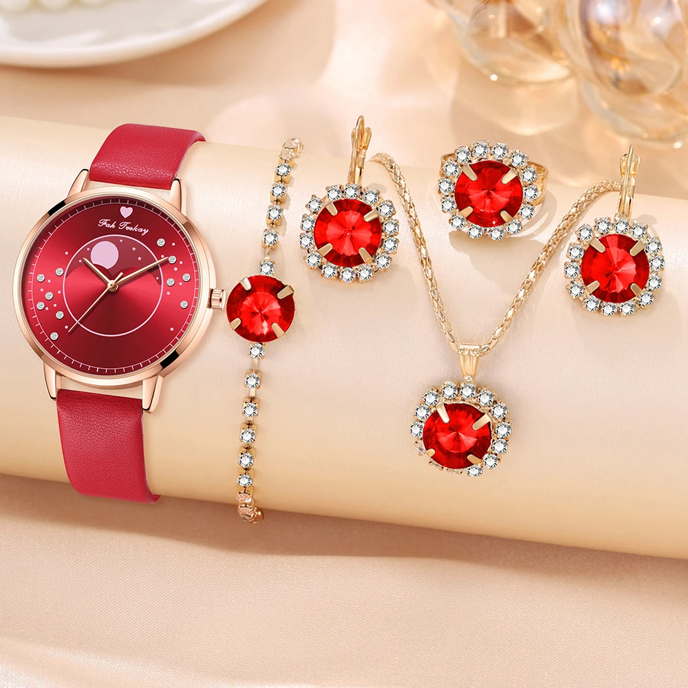 5 PCS Set Red Watch Women Luxury Ring Necklace Earrings Rhinestone Fashion Wristwatch Female Casual Watches Bracelet Set