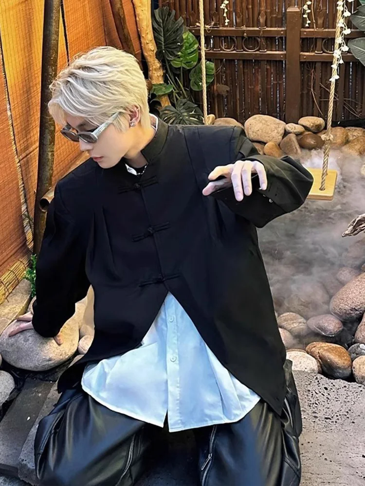 

Новая мужская рубашка в китайском стиле с длинным рукавом, черная, с воротником на пуговицах, премиум-класса, элегантная, с воротником-стойкой, в стиле Чжуншань Тан.