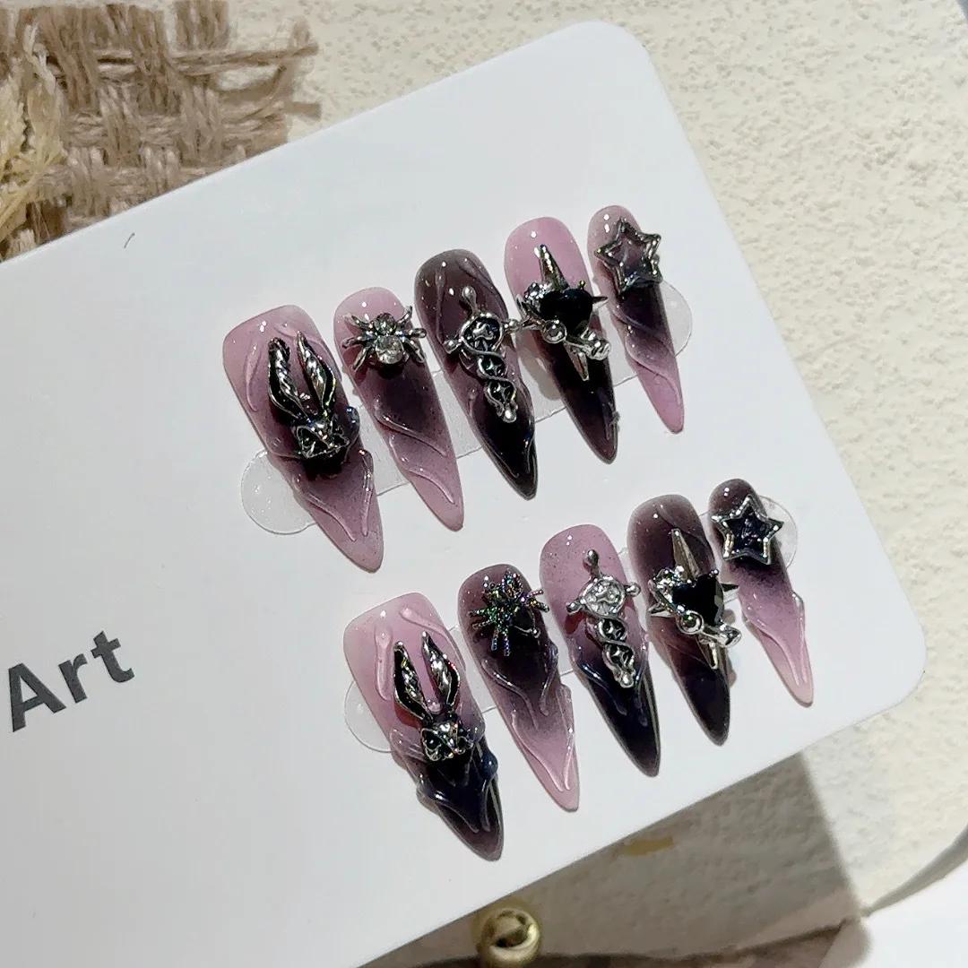 

10 Pieces Dark Romantic Gothic Gradient Handmade Press On Nails 3D Metal Bunny Amulet Silver Chain Stars Gems Spider Fake Nails