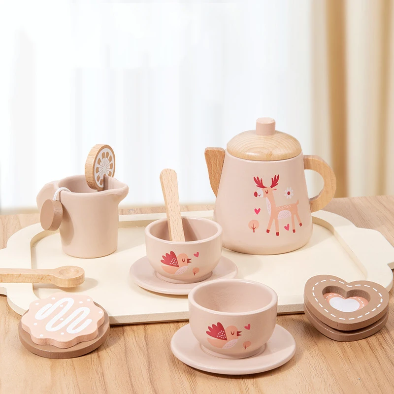 Wooden Afternoon Tea Set Simulation Pretend Play Kitchen Toy Teapot Cake Dessert Tea Time Playset Toddlers Role Play Game Gifts