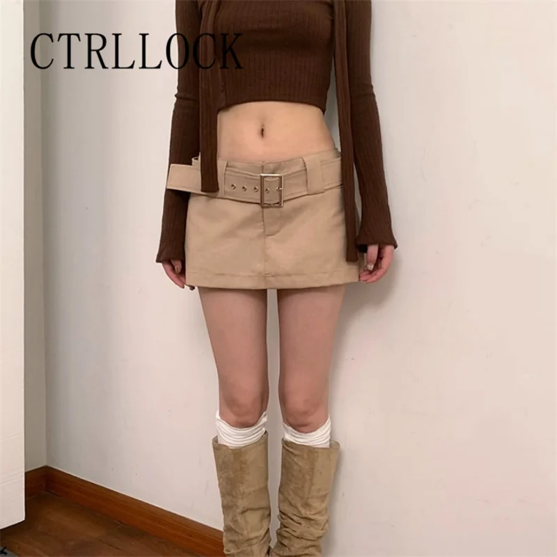 

CTRLLOCK Preppy Style Low Waist Wrapped Hip Women Skirt Summer Buckles Belt Mini Skirts