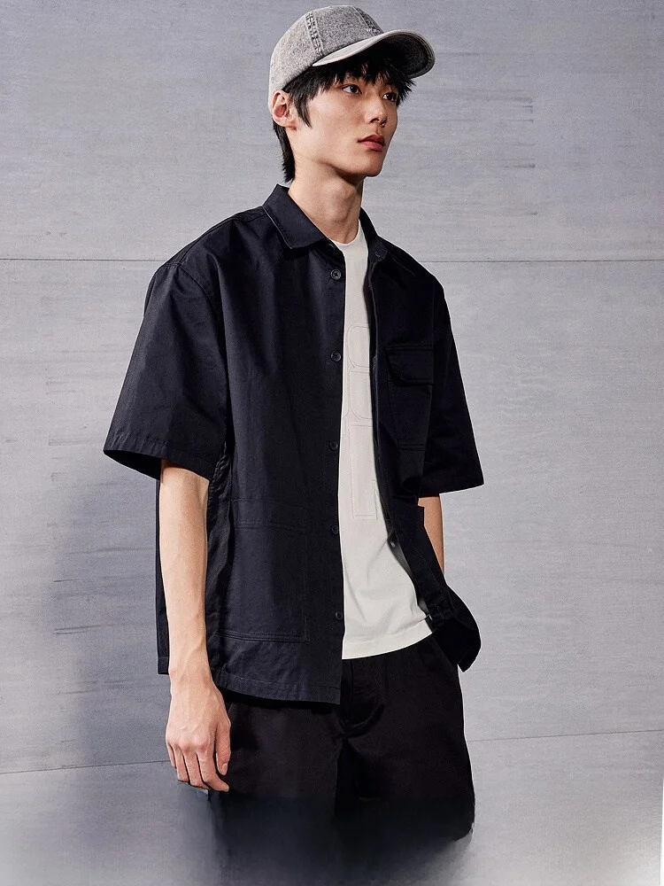 

H&M Men's Casual Loose Fit Shirt Summer Short Sleeve Turn-down Collar Chest Pocket Regular Style Standard Version 1271787