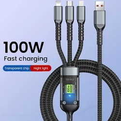 3 in 1 100w cavo di ricarica rapida trasparente tipo C Usb Micro per Iphone Samsung Huawei Xiaomi Pilot Lamp Charger Usb C 6A 1.2m