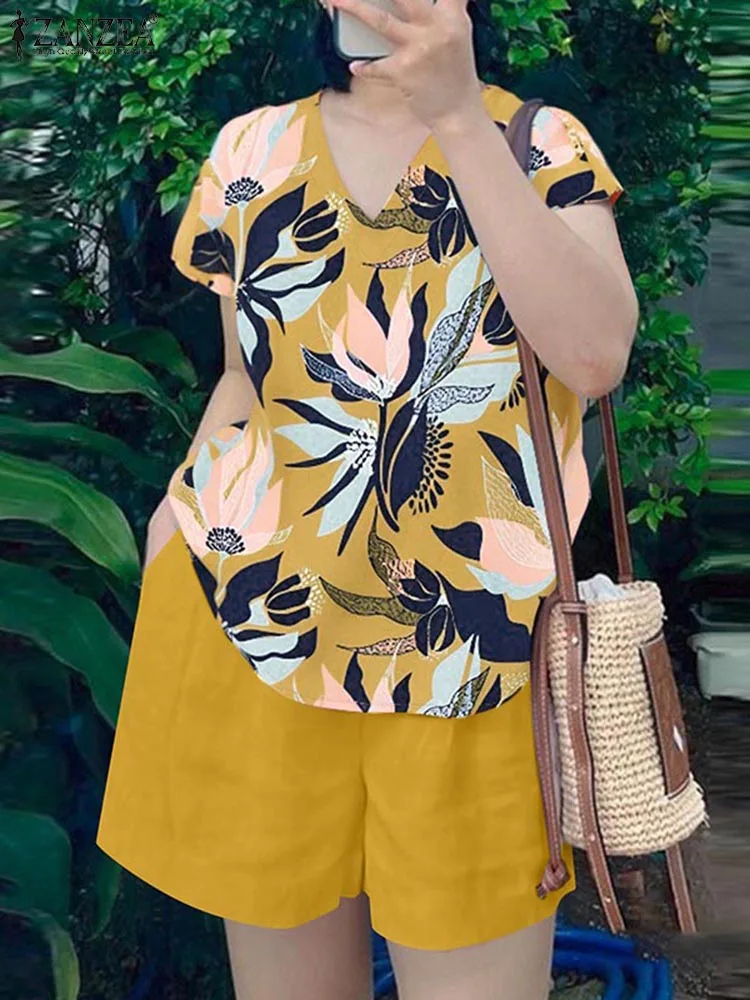 

2025 ZANZEA Bohemian Tracksuits Summer Women Vintage Matching Sets 2PCS Holiday Outfits Short Sheeve Printed Blouse Short Sets