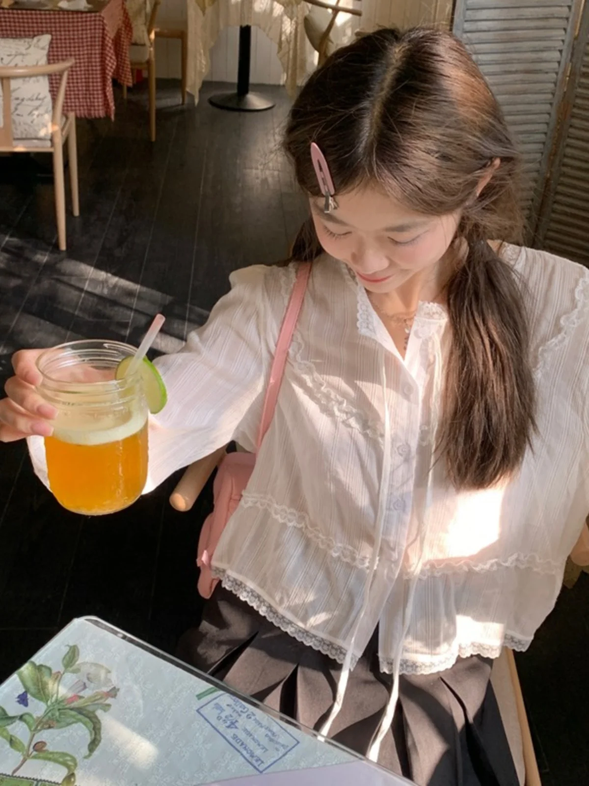 

Ele White Lace Trim Sun Protection Cardigan Korean Sle Straight Cut Sve Bell Sve round Ne Pure Color irt