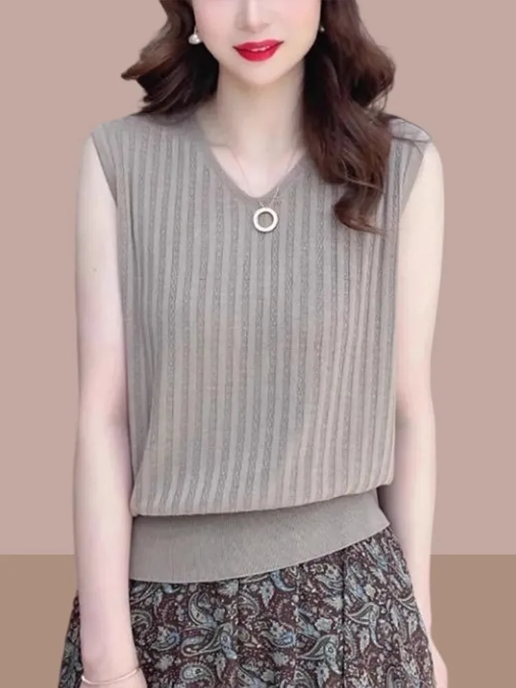 

Thin Knitted Svel Vest for Women Brand Tag Removed Outerwear Casual Commute Sle V-Ne Stand Fit Summer Top