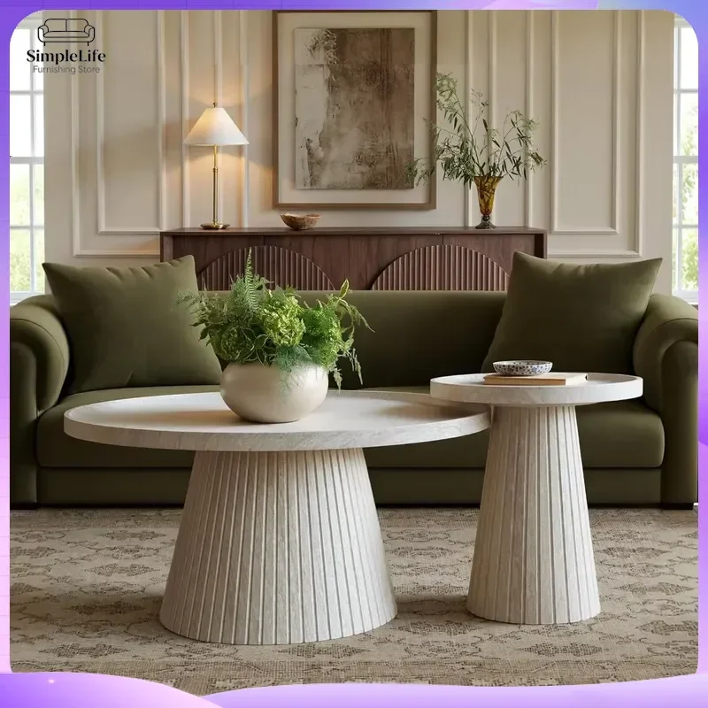 

Nesting Coffee Table Set of 2 Modern Fluted Round Coffee Table with Faux Stone Veneer Travertine Style Living Room Table